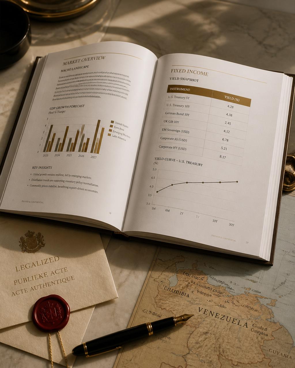 Leather portfolio, brass keys and fountain pen on a marble desk